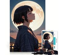 Puzzle de 1000 pièces représentant Une Fille d'anime contemplant la Lune Jeu de réflexion créatif,découpe Nette,Composants Robustes,Format Voyage,idéal comme Cadeau (50x75cm)