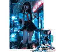 Puzzle de 1000 pièces représentant Une Fille d'anime dans Un Paysage Urbain pluvieux Jeu de détente pour Adultes Stimulant l'analyse et la logique Idéal comme Cadeau pour Toute la Famille (38x52cm)