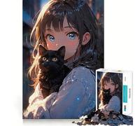 Puzzle de 1000 pièces représentant Une Fille d'anime et Un Chat Noir,idéal pour Les Adolescents Stimule l'esprit,Amusant,sans Espace,Assemblage Parfait,Loisirs captivants pour des Moments de détente