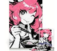 Puzzle de 1000 pièces représentant Une Fille d'anime Mangeant des Ramen, Encre Noire, pour Adolescents, Casse-tête Amusant et Silencieux, Bords Lisses, Cadeau d'anniversaire (50x75cm)