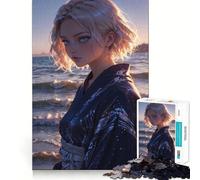 Puzzle de 1000 pièces représentant Une Fille en Yukata au Bord de la mer (38x26cm) Jeu Amusant et Facile à Transporter Idéal pour Les Voyages