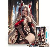 Puzzle de 1000 pièces représentant une fille renarde d'anime en rouge et noir,idéal pour adultes Jeu de réflexion avec découpe de précision et bords lisses Un défi amusant pour passer le temps 38x52cm