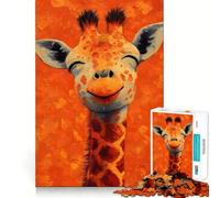 Puzzle de 1000 pièces représentant Une Girafe Souriante sur Fond Orange, idéal pour Les Adultes Jeu de réflexion Amusant et ludique, découpe de précision, Cadeau Unique 38x26cm