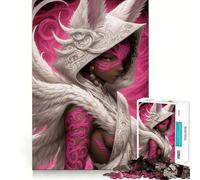 Puzzle de 1000 pièces représentant une guerrière angélique tatouée rose,style anime,pour adolescents Stimule l'esprit,amusant,découpe nette,composants robustes,activité de groupe réconfortante 38x52cm