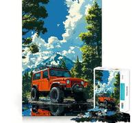 Puzzle de 1000 pièces représentant Une Jeep Orange dans Un Paysage de Montagne idéal pour Les Adolescents Jeu Intelligent à Partager en Famille Motif à Assembler pour Les vœux