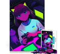 Puzzle de 1000 pièces représentant Une Jeune Fille Anime néon avec Un Chat, idéal pour Les Adolescents, pour renforcer Leur mémoire, se détendre à la Maison, Bords Nets et Cadeau précieux (50x75cm)