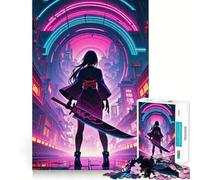 Puzzle de 1000 pièces représentant Une Jeune Fille samouraï néon Tenant Une Lame dans Un Paysage Urbain idéal pour Les Adolescents Jeu de réflexion Amusant et créatif à Assembler et à Collectionner