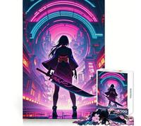 Puzzle de 1000 pièces représentant Une Jeune Fille samouraï néon Tenant Une Lame dans Un Paysage Urbain idéal pour Les Adolescents Jeu de réflexion Amusant et créatif à Assembler et à Collectionner
