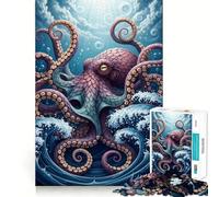 Puzzle de 1000 pièces représentant Une Pieuvre stylisée dans Les Vagues de l'océan 38x52cm Idéal pour Les Adultes Soulagement du Stress pour Les vœux du Père Noël