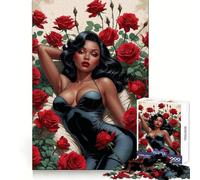 Puzzle de 1000 pièces représentant Une pin-up Noire en Body Noir Sexy et Roses Rouges Découpe de précision pour Un Divertissement Anti-Stress et Un Cadeau de Noël Chaleureux (38x52cm)