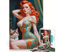Puzzle de 1000 pièces représentant Une pin-up rousse avec Un Chat, idéal pour Adultes Jeu de réflexion Calme et Stimulant, à Assembler soi-même Cadeau Parfait pour Les fêtes (38x26cm)