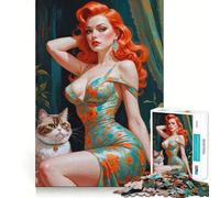 Puzzle de 1000 pièces représentant Une pin-up rousse avec Un Chat, idéal pour Les Adolescents Jeu de logique et de Construction, Loisirs et Divertissement Découpe Lisse Cadeau Original (38x52cm)