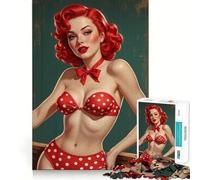 Puzzle de 1000 pièces représentant Une pin-up rousse en Bikini à Pois Rouges idéal pour Les Adolescents Ce Puzzle de qualité stimule la mémoire soulage la Tension et Offre Une Belle Finition