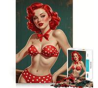 Puzzle de 1000 pièces représentant Une pin-up rousse en Bikini à Pois Rouges, idéal pour Les Adolescents Jeu de logique Puissant, Bords Nets et créatifs (38x52cm)