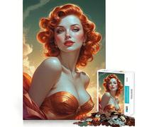 Puzzle de 1000 pièces représentant Une pin-up rousse en Robe dorée, idéal pour Les Adolescents Jeu intellectuel, détente mentale, découpe de qualité, Cadeau de Noël (38x52cm)