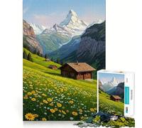 Puzzle de 1000 pièces représentant Une Prairie Alpine avec Chalet et Montagnes,idéal pour Les Adolescents Un Jeu de réflexion Amusant et sans accroc,Une façon captivante de Passer Le Temps (50x75cm)