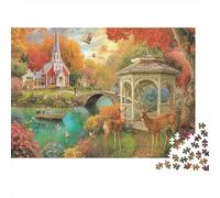 Puzzle de 1000 pièces représentant Une scène d'automne avec Une église, Un Pont et des Cerfs. Jeu éducatif pour Adultes. Décoration Magnifique. Anniversaire Dimensions : 52 x 38 cm.
