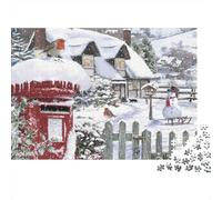 Puzzle de 1000 pièces représentant Une scène de Village d'hiver, avec Une boîte aux Lettres Rouge sous la Neige, en Carton 100% recyclé. Un défi Impossible ! Cadeau Amusant. Dimensions : 70 x 50 cm.