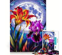 Puzzle de 1000 pièces représentant Une scène Florale vibrante au Clair de Lune,en vitrail Jeu créatif et Stimulant,Assemblage Solide,sans pièces détachables,activité idéale pour Partager Un Moment
