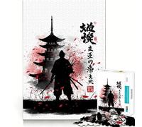 Puzzle de 1000 pièces représentant Une Silhouette de samouraï avec Une pagode et des Fleurs de Cerisier pour Les Adultes Ce Puzzle de 1000 pièces représentant Une Silhouette de samouraï