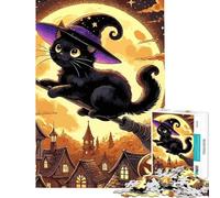 Puzzle de 1000 pièces représentant Une sorcière sur Un Balai avec Un Chat Noir Jeu Amusant et Original idéal comme Cadeau de Noël ou d'anniversaire (38x52cm)