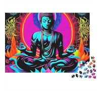 Puzzle de 1000 pièces représentant Une Statue de Bouddha,auréole néon et Sauge.en Carton recyclé.se détendre Jours de Pluie et s'amuser à l'intérieur.Convient aux et Adultes confirmés : 52 x 38 cm.