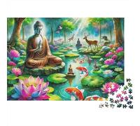 Puzzle de 1000 pièces représentant Une Statue de Bouddha et Une scène de Lotus Divin.Carton Lisse et résistant.Un Moment de Calme,Une activité Seniors,Les Adultes,Less et débutants : 52 x 38 cm.