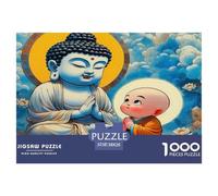 Puzzle de 1000 pièces représentant Une Statue de Bouddha (Papier recy t Un Petit Moine. Idée Cadeau Amusante pour la Maison. 38 x 26 cm / 1000 pièces.