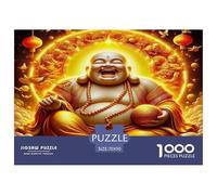 Puzzle de 1000 pièces représentant Une Statue de Bouddha Rieur, auréole dorée. Jeu éducatif Joyeux et Dynamique, idéal pour se détendre en Famille. Dimensions : 70 x 50 cm. Dimensions : 1000 pièces.