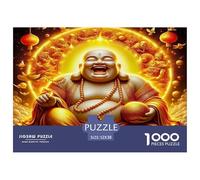 Puzzle de 1000 pièces représentant Une Statue de Bouddha Rieur Bouddha Rieur à l'aura dorée, Joyeux et Vibrant. Idéal pour se détendre et se ressourcer. Excellente idée Cadeau. 52 x 38 cm /1000p