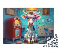 Puzzle de 1000 pièces représentant Une Vache à Lunettes Roses et Un Juke-Box. Jeu éducatif pour Adultes. Décoration élégante et stimulante. Idéal pour Un Anniversaire. Dimensions : 70 x 50 cm.
