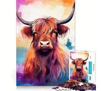 Puzzle de 1000 pièces représentant Une Vache des Highlands à l'aquarelle,idéal pour Les Adolescents Jeu de mémoire Amusant,Propre et sans Couture,activité de Groupe relaxante en intérieur (38x52cm)