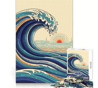 Puzzle de 1000 pièces représentant Une Vague océanique stylisée et Un Paysage Urbain, idéal pour Les Adolescents Jeu de logique Stimulant la Vie familiale Cadeau de qualité supérieure 38x26cm