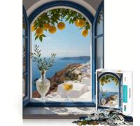 Puzzle de 1000 pièces représentant une vue de Santorin par une fenêtre ouverte, idéal pour les adolescents Renforce la mémoire, apaise et détend Finition de qualité supérieure Cadeau parfait (38x52cm)