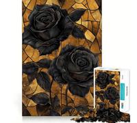 Puzzle de 1000 pièces Roses Noires sur Fond doré en vitrail pour Adultes et Adolescents, Jeu Mental apaisant et Relaxant, Cadeau de qualité supérieure 38x52cm