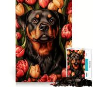 Puzzle de 1000 pièces Rottweiler avec Tulipes pour Adolescents, Jeu de réflexion et de détente, pour Les fêtes (50x75cm)