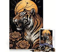 Puzzle de 1000 pièces Rugissement de Tigre avec Fleurs et Lune pour Adultes et Adolescents, Jeu Mental apaisant et Relaxant, Cadeau de qualité supérieure 38x52cm