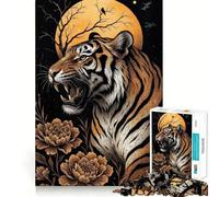 Puzzle de 1000 pièces Rugissement de Tigre avec Fleurs et Lune pour Adultes, Jeu de logique Pure, Anti-Stress, découpe Nette, Cadeau de Noël 38x26cm