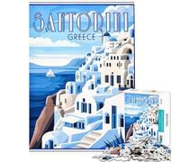 Puzzle de 1000 pièces Santorin Grèce Poster rétro Défi éducatif Apprentissage Jouet de Bricolage pour 14 Ans et Plus Jeu de Puzzle Offert (50x75cm)