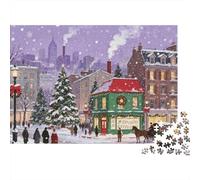 Puzzle de 1000 pièces « Scène de Rue de Noël » : Ville enneigée avec Magasin Vert. Jeu éducatif pour Adultes. Décoration Magnifique. Défi de Haute difficulté. 38 x 26 cm.