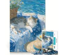 Puzzle de 1000 pièces « Sieste de Chat au Bord de la mer »,Peinture,pièces aux découpes nettes,Jeu de réflexion,Moment de Calme et de Divertissement,décoration de Noël (50x75cm)