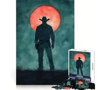 Puzzle de 1000 pièces Silhouette Cowboy sous la Lune Rouge pour Adolescents Jeu de logique et de Loisirs Bordure Fine Cadeau spécial 38x52cm