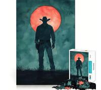 Puzzle de 1000 pièces Silhouette Cowboy sous la Lune Rouge pour Adolescents Jeu de logique et de Loisirs Bordure Fine Cadeau spécial 38x52cm