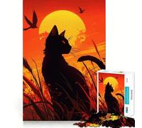 Puzzle de 1000 pièces Silhouette de Chat Noir au Coucher du Soleil,articulations nettes,Jeu de Construction,Jeu Calme,Jeu Amusant pour Un Anniversaire (38x26cm)