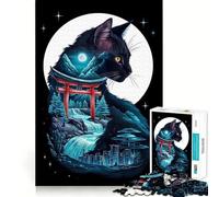 Puzzle de 1000 pièces Silhouette de Chat Porte Torii Ajustement Parfait Art Exercice Mental Amusant Détente Jeu Cadeau de Noël Calme (38x52cm)