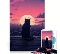 Puzzle de 1000 pièces Silhouette de Chat sur Un Toit au Coucher du Soleil Bords Lisses Jeu créatif et Amusant Cadeau d'anniversaire idéal (50x75cm)