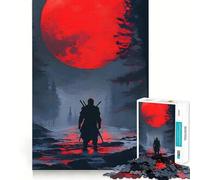 Puzzle de 1000 pièces Silhouette de samouraï sous la Lune Rouge pour Adultes Stimule la mémoire, favorise la détente mentale, découpe Lisse, Cadeau d'anniversaire (50x75cm)