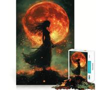 Puzzle de 1000 pièces Silhouette Femme avec Épée et Lune Rouge pour Adultes Soulagement du Stress Découpe précise Cadeau de Noël 50x75cm