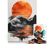 Puzzle de 1000 pièces Soleil Orange sur Vagues Noires et Blanches pour Adultes, idéal pour stimuler Le Cerveau, se détendre et s'amuser Cadeau Parfait pour Les fêtes (38x52cm)