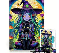 Puzzle de 1000 pièces Sorcière fantaisiste et Chat Noir Jeu de Concentration mentale Découpe de précision Bords Lisses Jeu de Construction de Liens significatifs (38x26cm)
